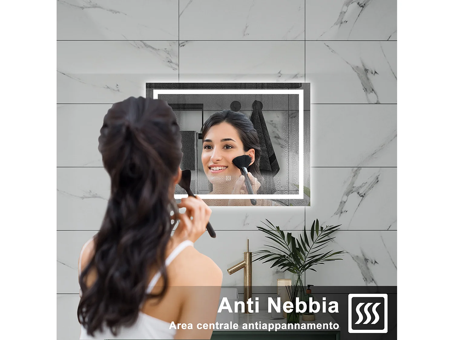 AICA Specchio da bagno  80 x 60 cm, dimmerabile, interruttore touch, Funzione Memoria, antiappannamento