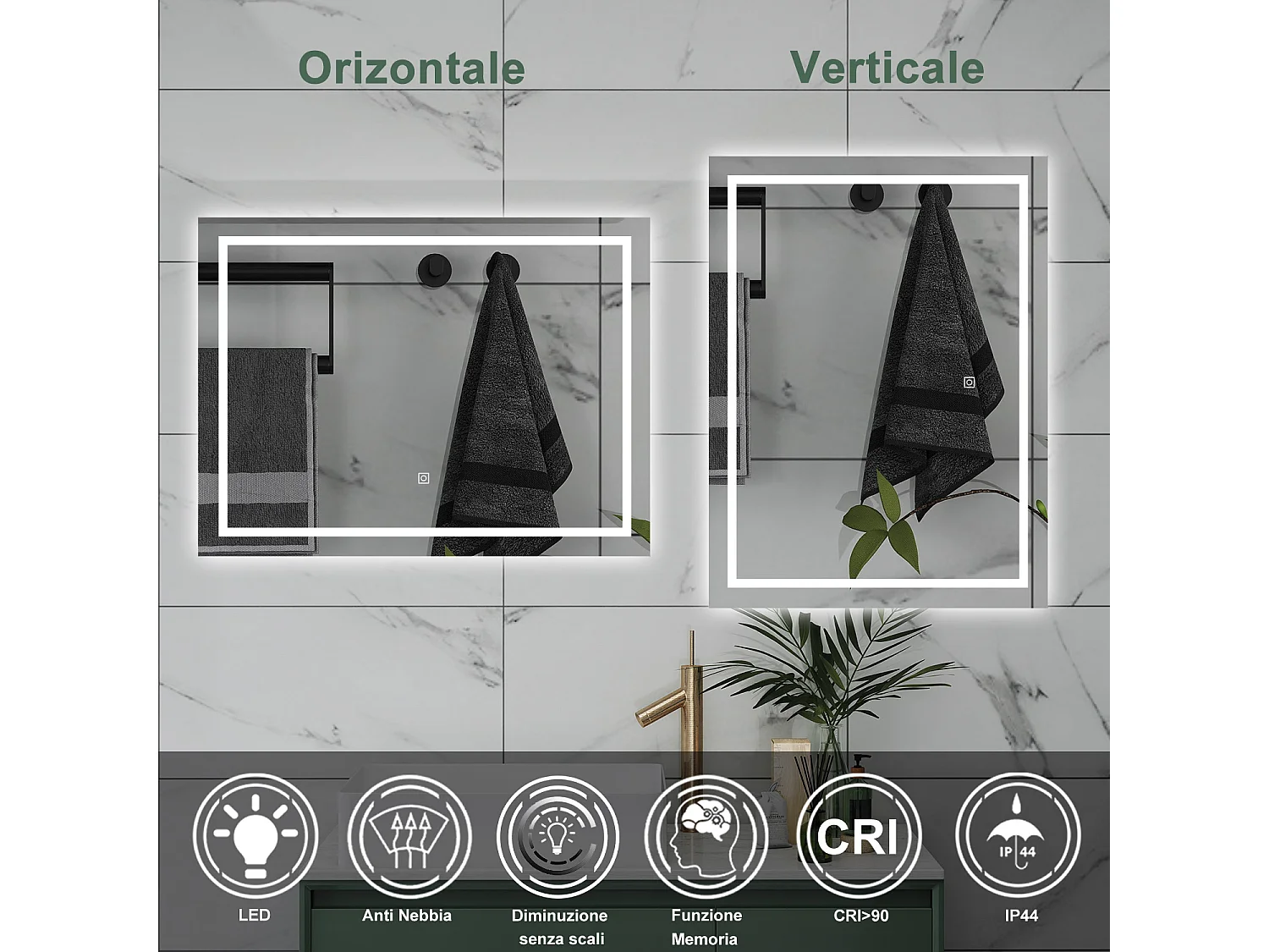 AICA Specchio da bagno  80 x 60 cm, dimmerabile, interruttore touch, Funzione Memoria, antiappannamento