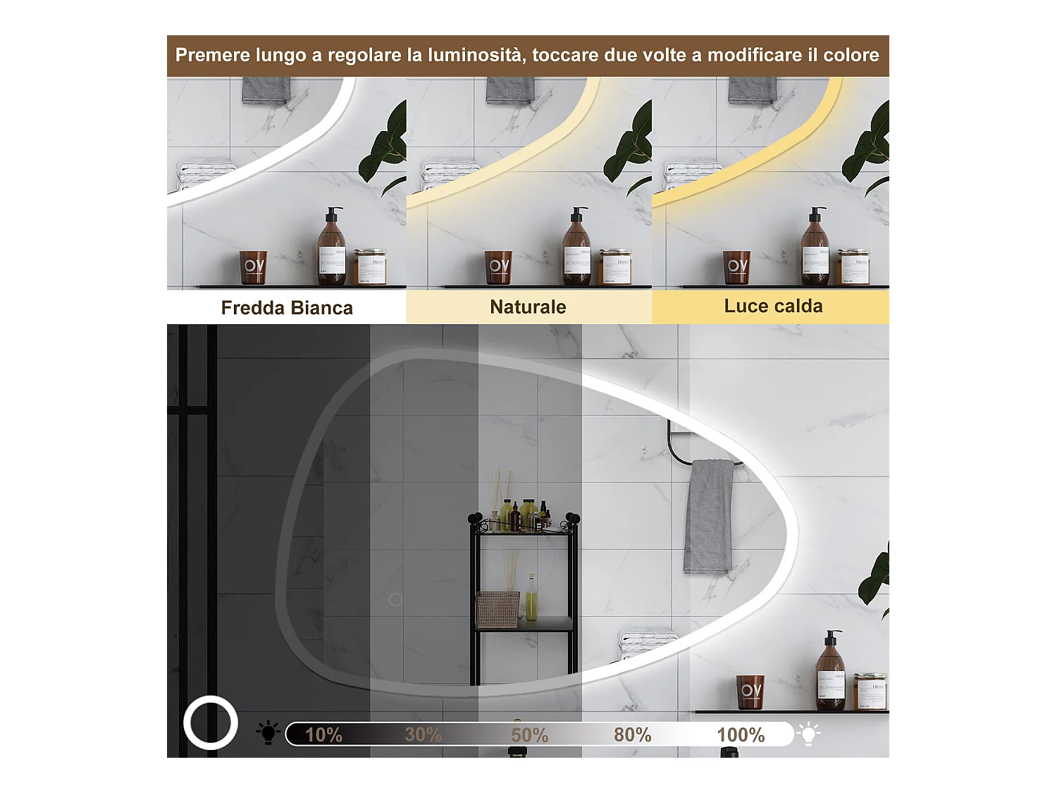 AICA Specchio da bagno 120 x 80 cm, dimmerabile, Funzione Memoria, antiappannamento, 3 colori