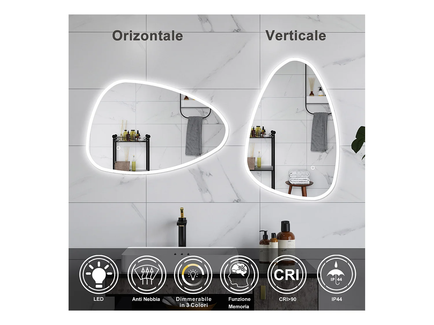 AICA Specchio da bagno 120 x 80 cm, dimmerabile, Funzione Memoria, antiappannamento, 3 colori