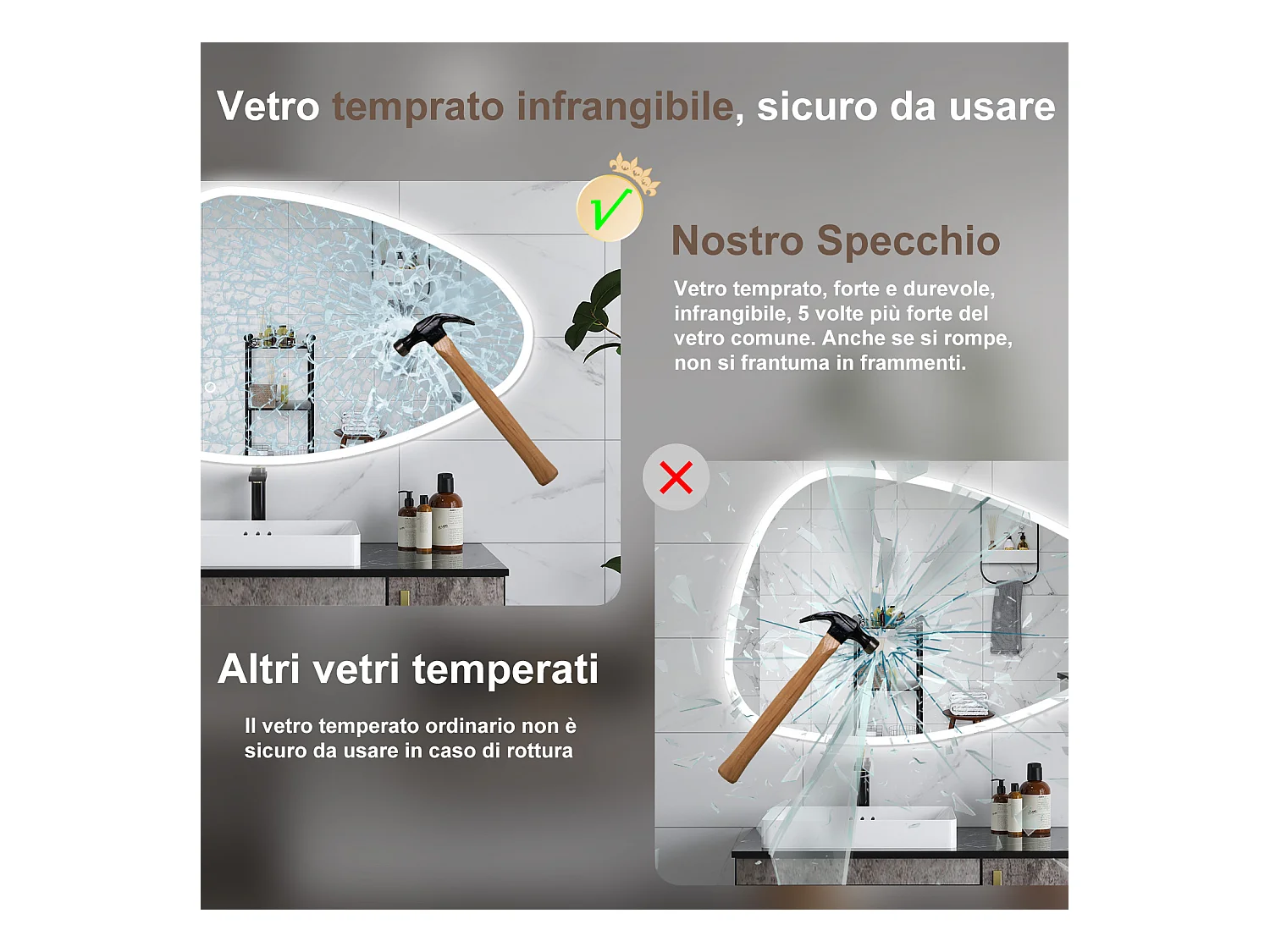 AICA Specchio da bagno 120 x 80 cm, dimmerabile, Funzione Memoria, antiappannamento, 3 colori