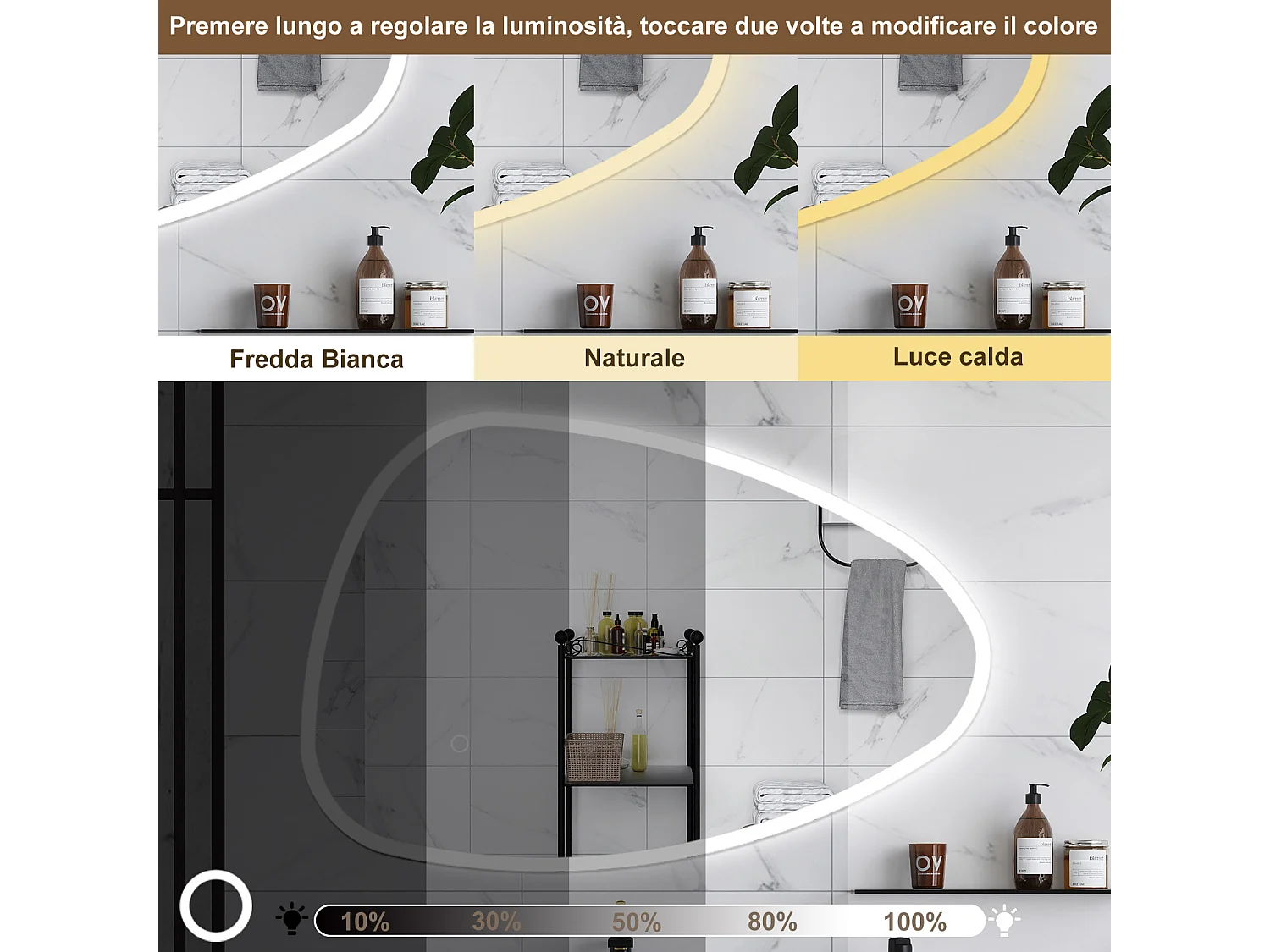 AICA Specchio da bagno 120 x 80 cm, dimmerabile, Funzione Memoria, antiappannamento, 3 colori