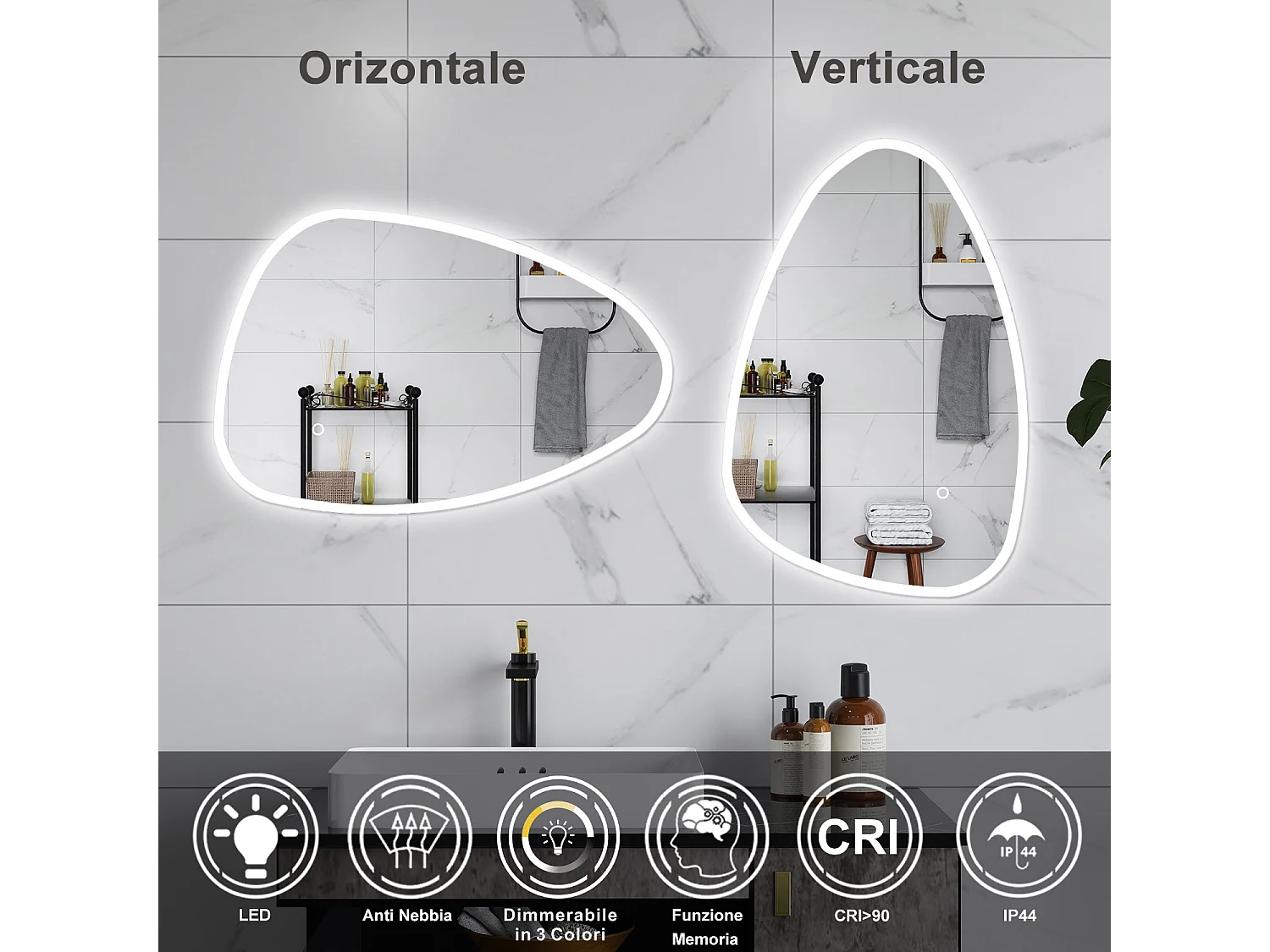 AICA Specchio da bagno 120 x 80 cm, dimmerabile, Funzione Memoria, antiappannamento, 3 colori