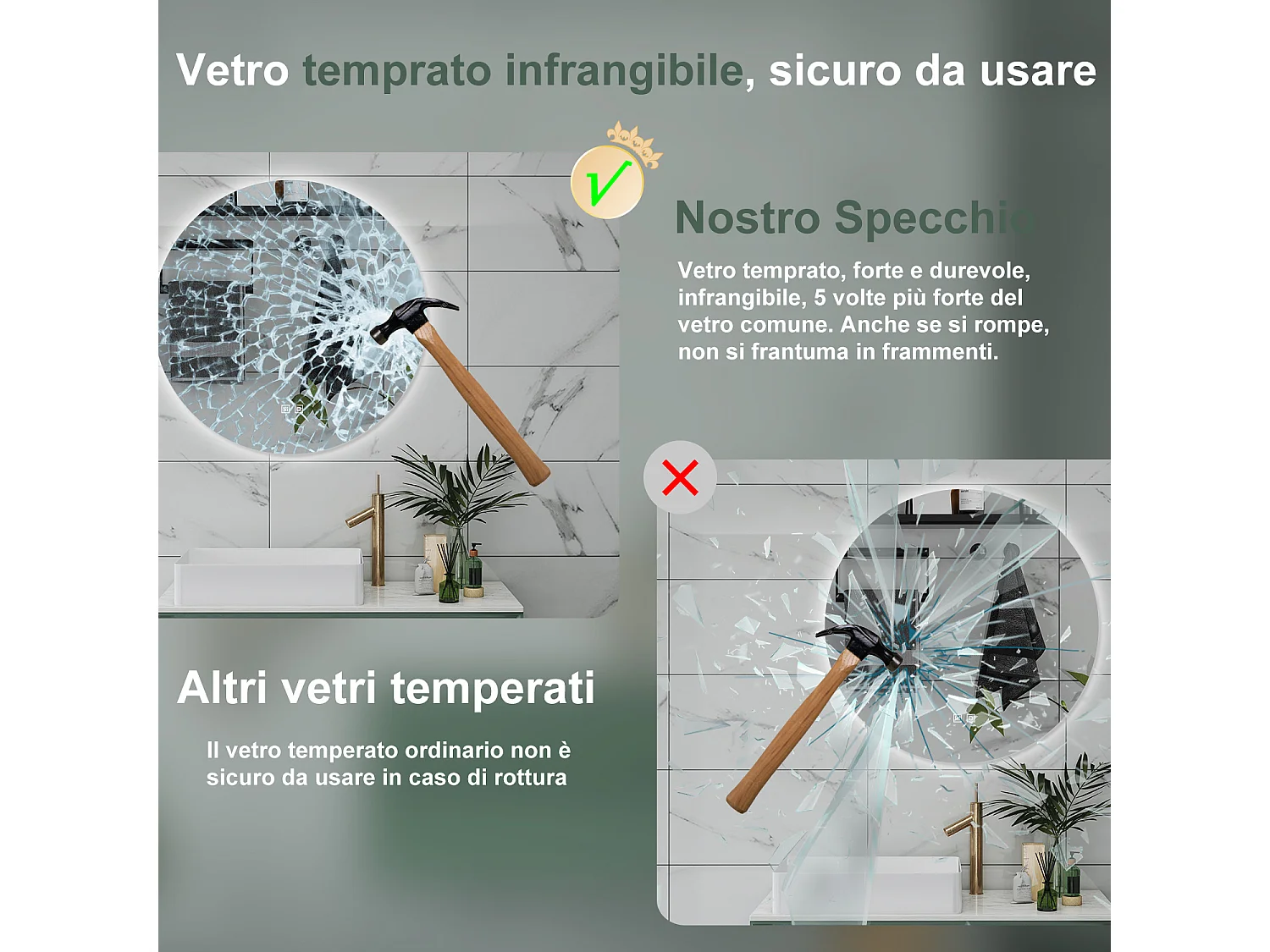 AICA Specchio da bagno 90 x 90 cm, 3 colori, antiappannamento, dimmerabile, interruttore touch, Funzione Memoria