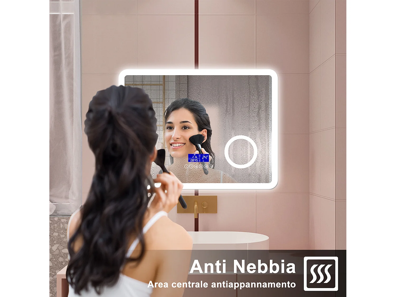 AICA Specchio da bagno  80 x 60 cm, dimmerabile, Blue tooth, Funzione Memoria, antiappannamento, 3 colori, Magnificatore,  orologio