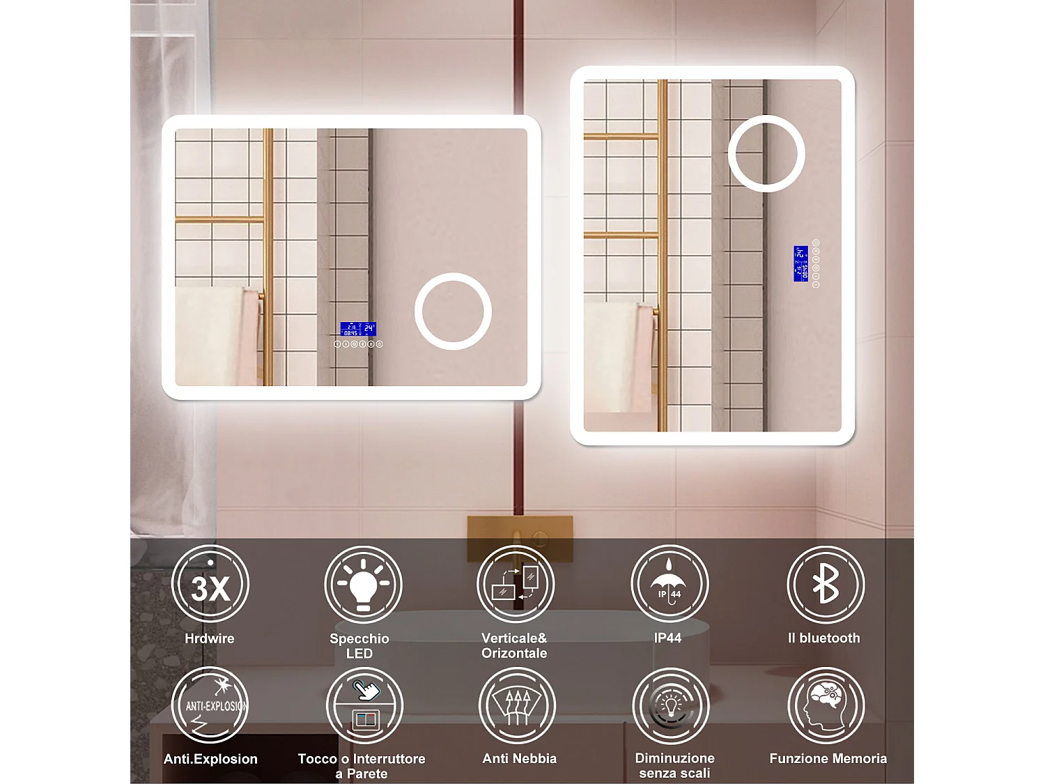 AICA Specchio da bagno  80 x 60 cm, dimmerabile, Blue tooth, Funzione Memoria, antiappannamento, 3 colori, Magnificatore,  orologio