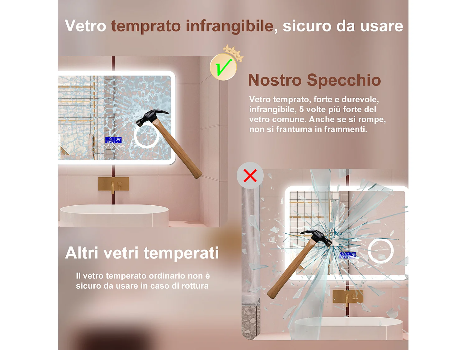 AICA Specchio da bagno  80 x 60 cm, dimmerabile, Blue tooth, Funzione Memoria, antiappannamento, 3 colori, Magnificatore,  orologio