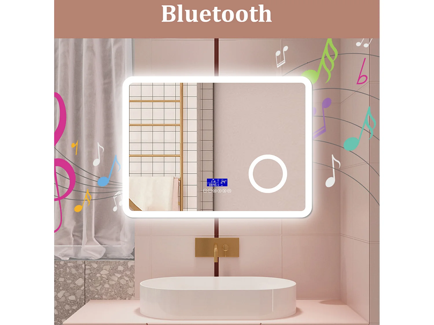 AICA Specchio da bagno  80 x 60 cm, dimmerabile, Blue tooth, Funzione Memoria, antiappannamento, 3 colori, Magnificatore,  orologio