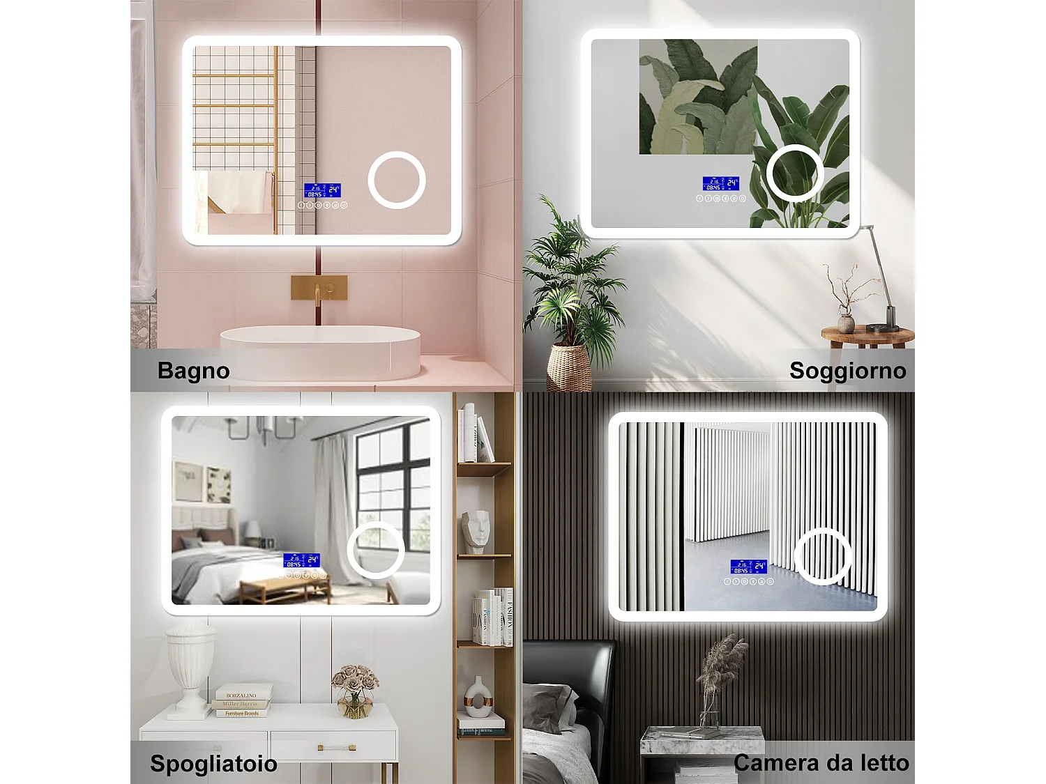 AICA Specchio da bagno  80 x 60 cm, dimmerabile, Blue tooth, Funzione Memoria, antiappannamento, 3 colori, Magnificatore,  orologio