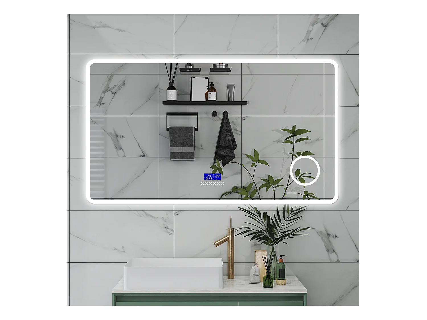 AICA Specchio da bagno  140 x 80 cm,  dimmerabile, Blue tooth,  Funzione Memoria, antiappannamento, 3 colori, Magnificatore,  orologio