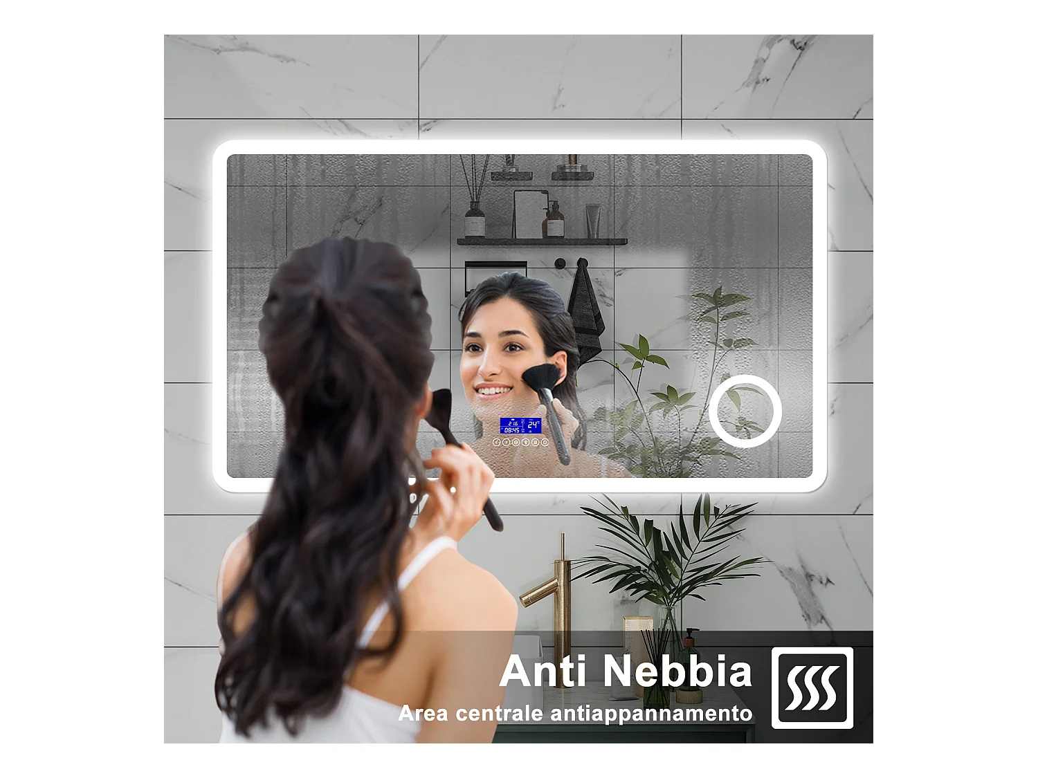 AICA Specchio da bagno  140 x 80 cm,  dimmerabile, Blue tooth,  Funzione Memoria, antiappannamento, 3 colori, Magnificatore,  orologio