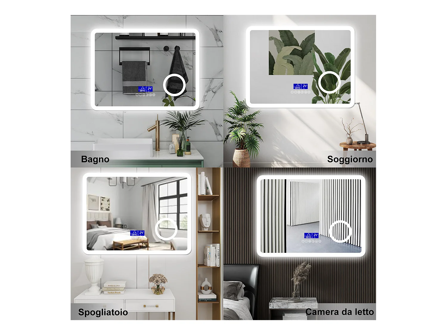 AICA Specchio da bagno  140 x 80 cm,  dimmerabile, Blue tooth,  Funzione Memoria, antiappannamento, 3 colori, Magnificatore,  orologio