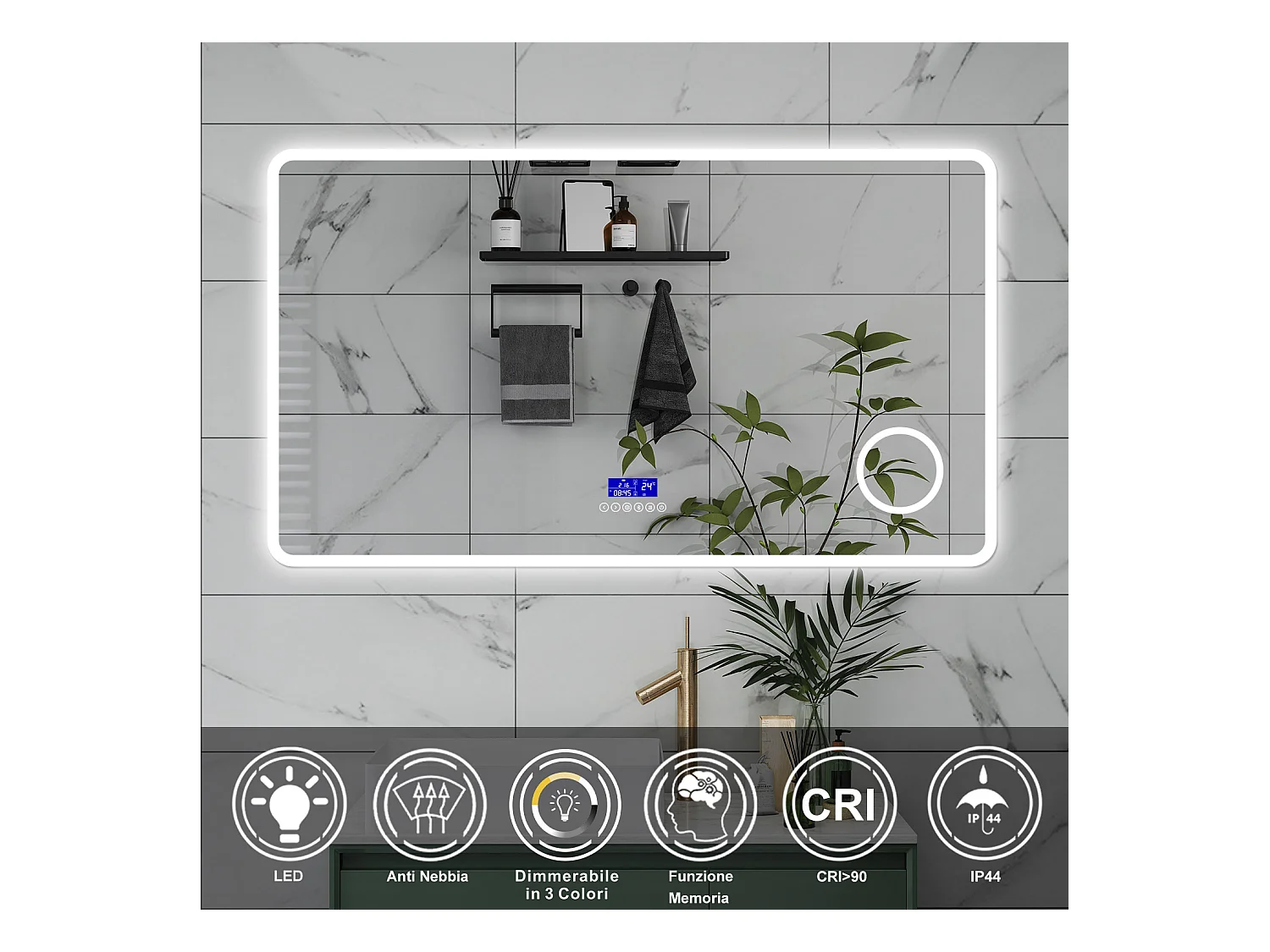 AICA Specchio da bagno  140 x 80 cm,  dimmerabile, Blue tooth,  Funzione Memoria, antiappannamento, 3 colori, Magnificatore,  orologio