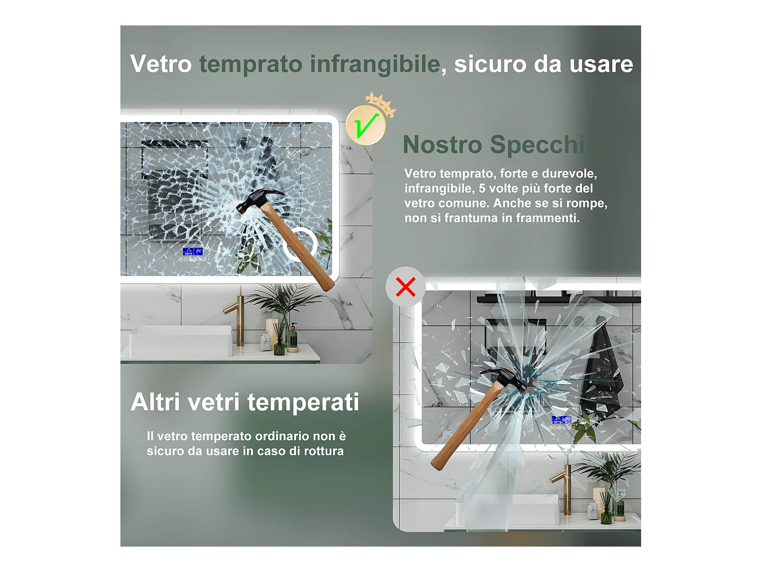 AICA Specchio da bagno  140 x 80 cm,  dimmerabile, Blue tooth,  Funzione Memoria, antiappannamento, 3 colori, Magnificatore,  orologio