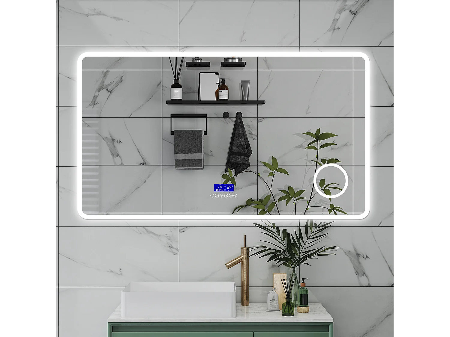 AICA Specchio da bagno  140 x 80 cm,  dimmerabile, Blue tooth,  Funzione Memoria, antiappannamento, 3 colori, Magnificatore,  orologio