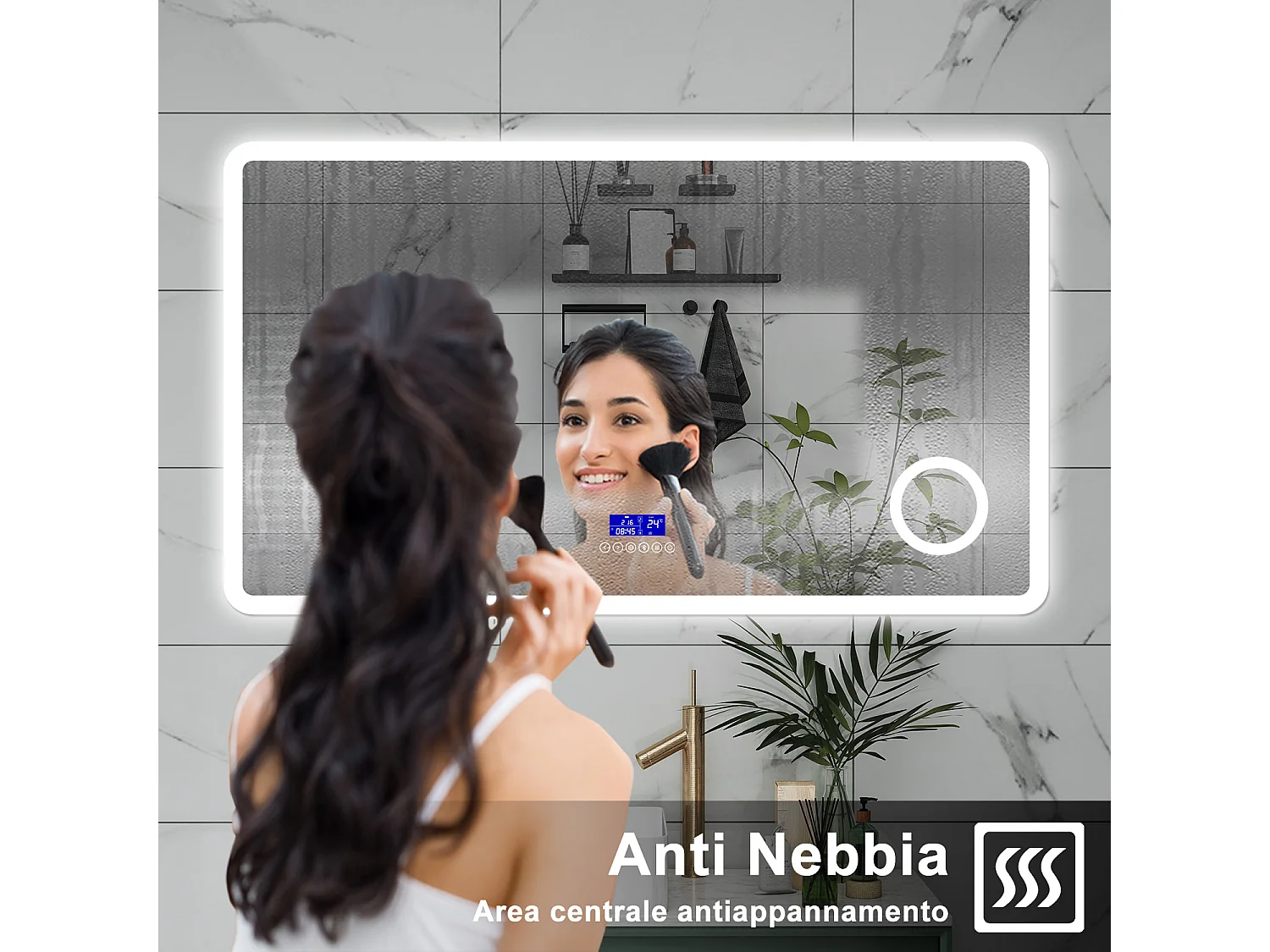 AICA Specchio da bagno  140 x 80 cm,  dimmerabile, Blue tooth,  Funzione Memoria, antiappannamento, 3 colori, Magnificatore,  orologio