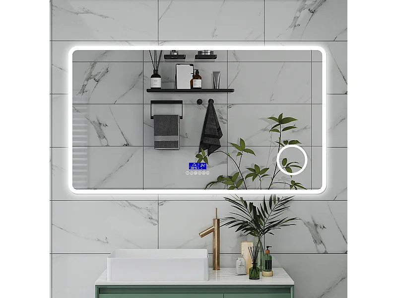 AICA Specchio da bagno  140 x 80 cm,  dimmerabile, Blue tooth,  Funzione Memoria, antiappannamento, 3 colori, Magnificatore,  orologio