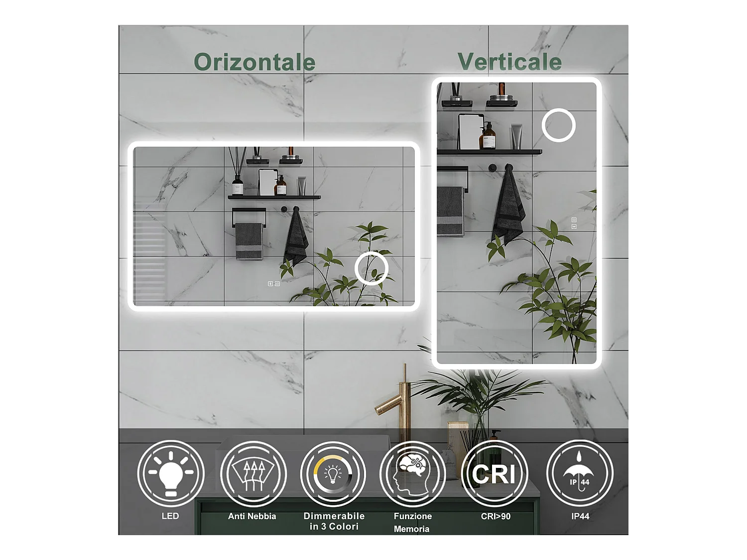 AICA Specchio da bagno  120 x 70 cm, dimmerabile, Blue tooth, Funzione Memoria, antiappannamento, 3 colori, Magnificatore