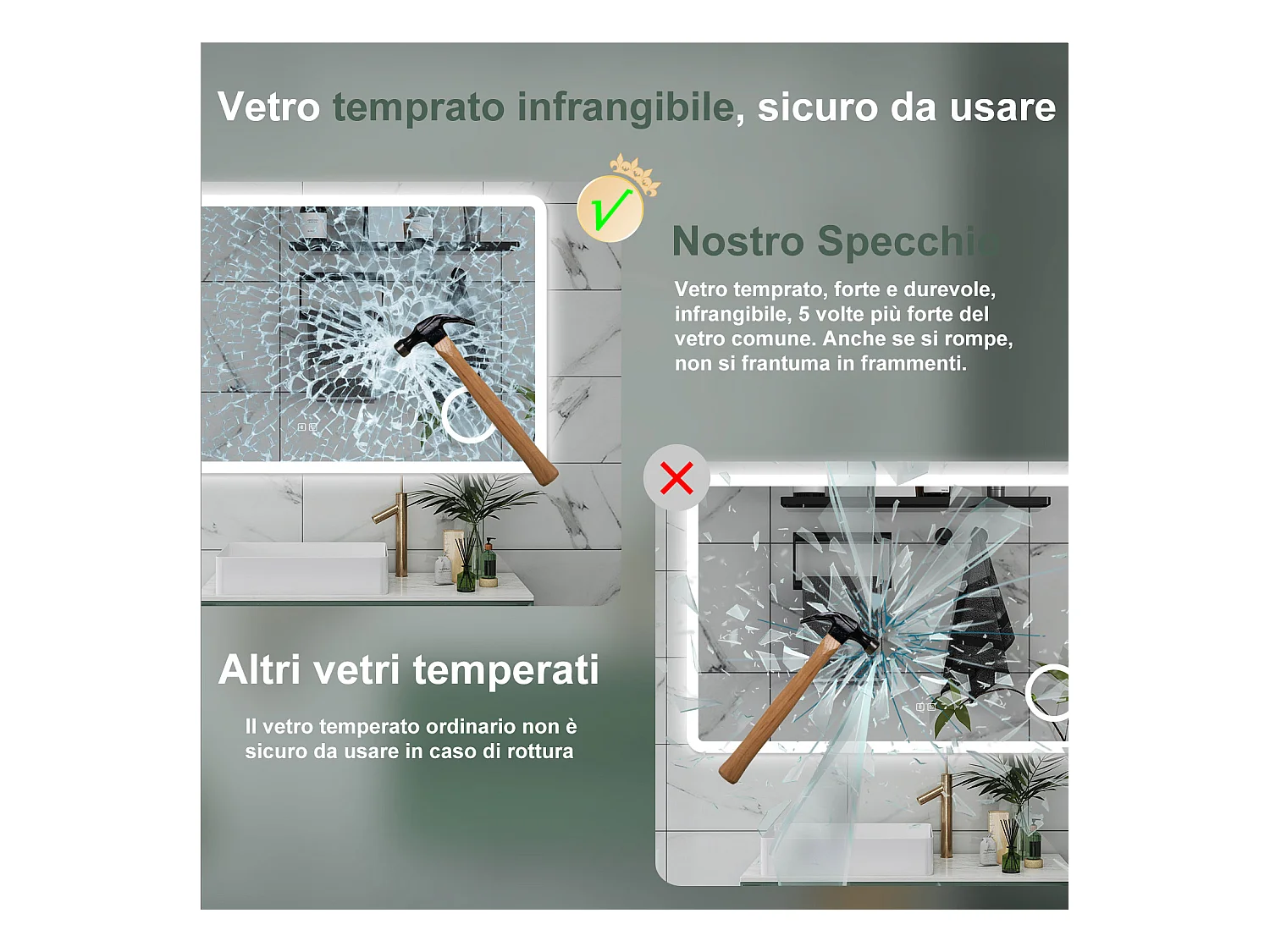 AICA Specchio da bagno  120 x 70 cm, dimmerabile, Blue tooth, Funzione Memoria, antiappannamento, 3 colori, Magnificatore