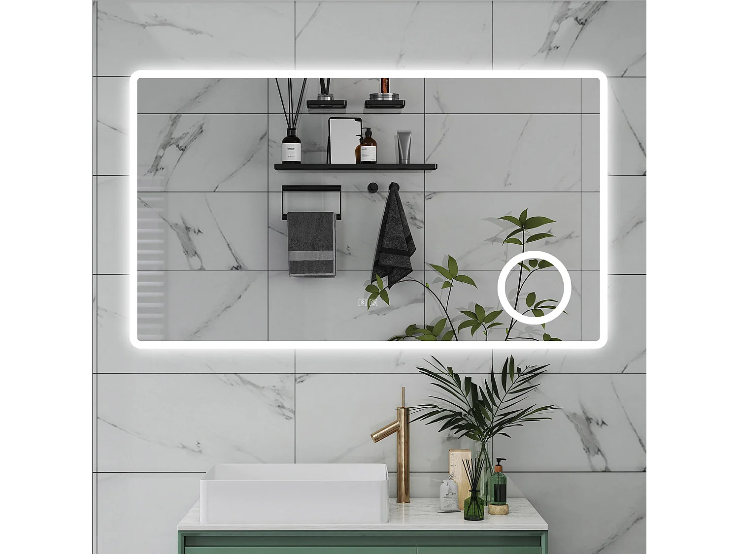 AICA Specchio da bagno  120 x 70 cm, dimmerabile, Blue tooth, Funzione Memoria, antiappannamento, 3 colori, Magnificatore