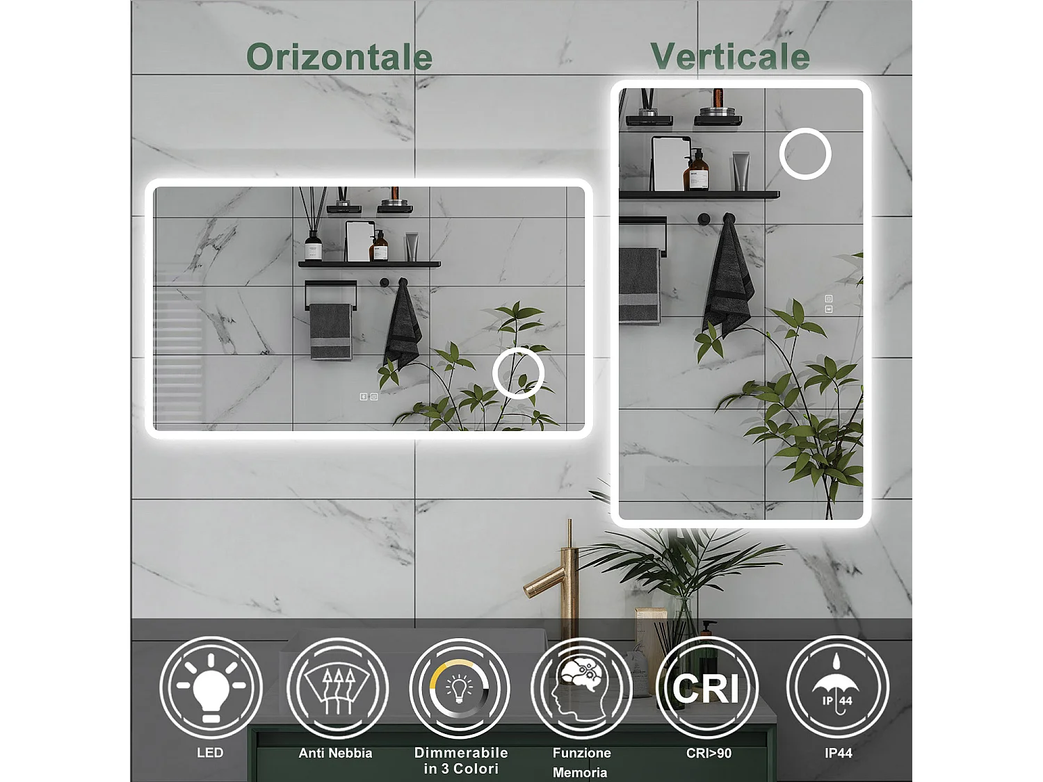 AICA Specchio da bagno  120 x 70 cm, dimmerabile, Blue tooth, Funzione Memoria, antiappannamento, 3 colori, Magnificatore