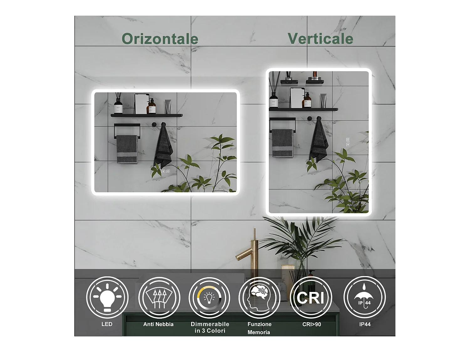 AICA Specchio da bagno  70 x 50 cm, dimmerabile, Blue tooth, Funzione Memoria, antiappannamento, 3 colori