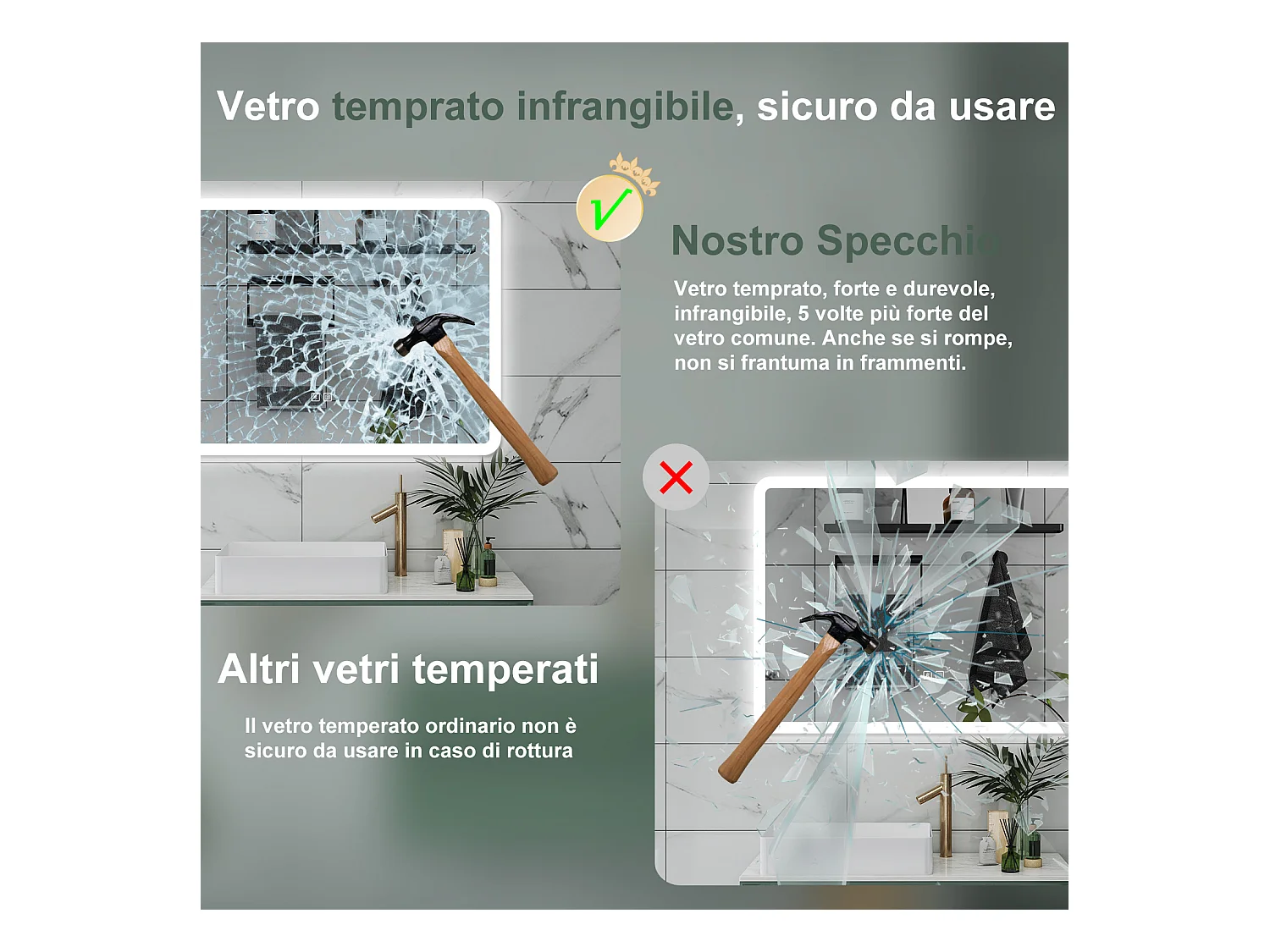 AICA Specchio da bagno  70 x 50 cm, dimmerabile, Blue tooth, Funzione Memoria, antiappannamento, 3 colori