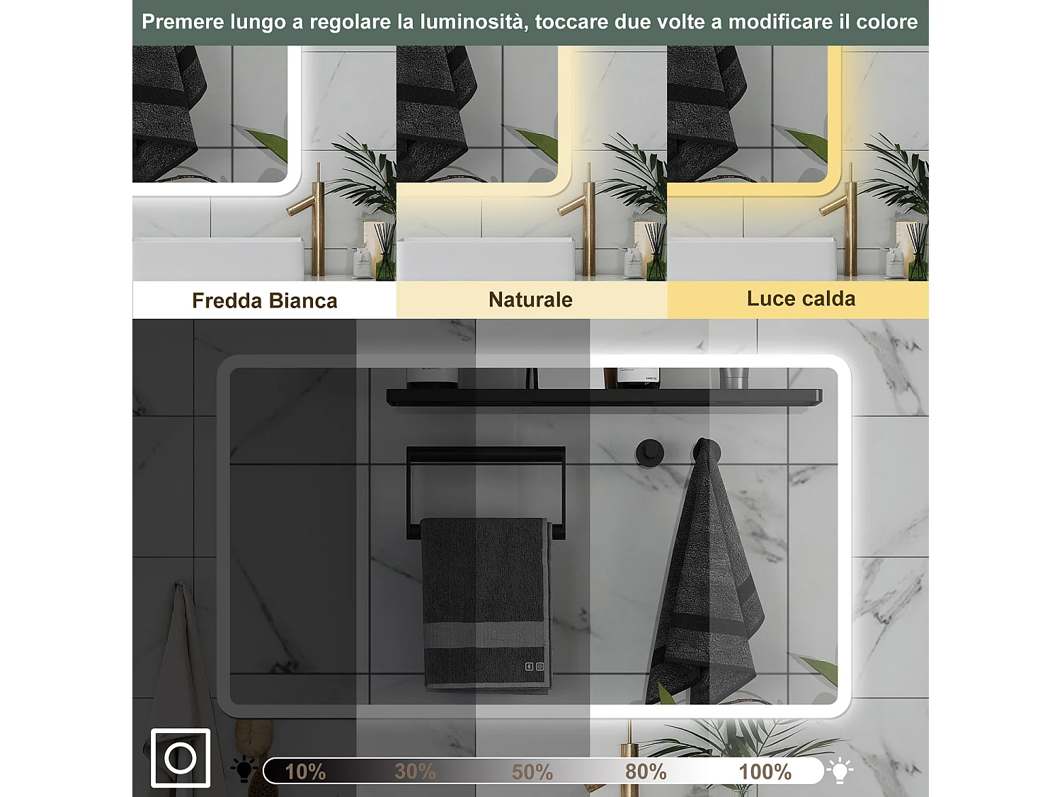 AICA Specchio da bagno  70 x 50 cm, dimmerabile, Blue tooth, Funzione Memoria, antiappannamento, 3 colori