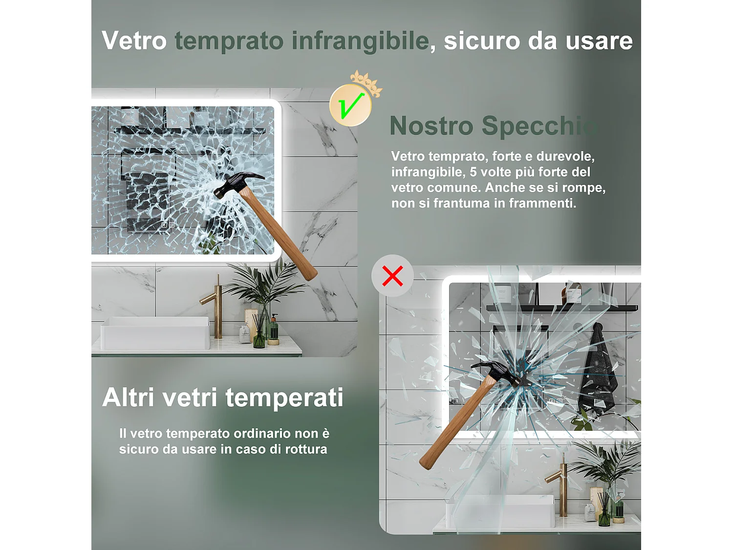 AICA Specchio da bagno  70 x 50 cm, dimmerabile, Blue tooth, Funzione Memoria, antiappannamento, 3 colori