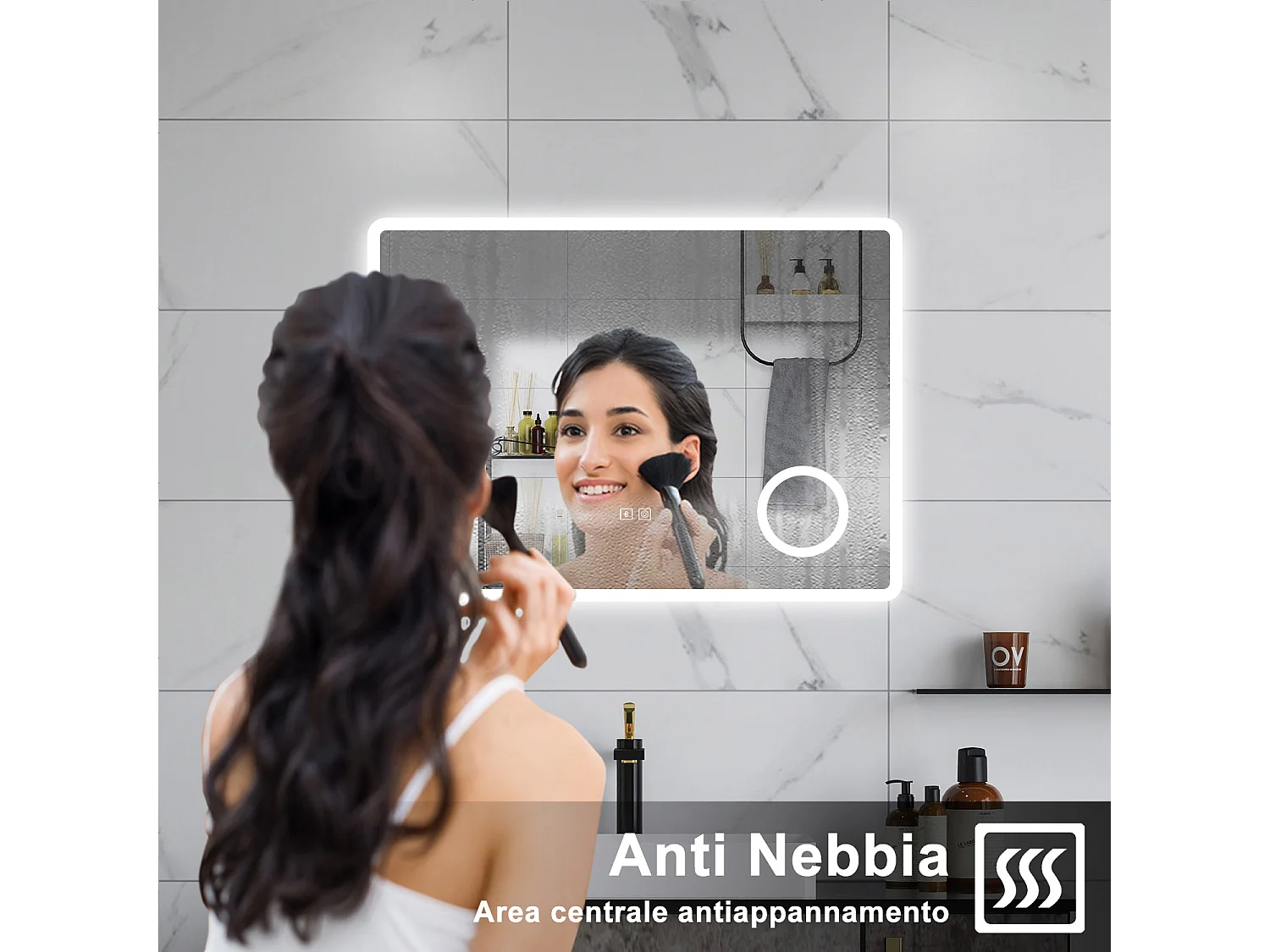 AICA Specchio da bagno  60 x 80 cm, dimmerabile, Blue tooth, Funzione Memoria, antiappannamento, 3 colori, Magnificatore