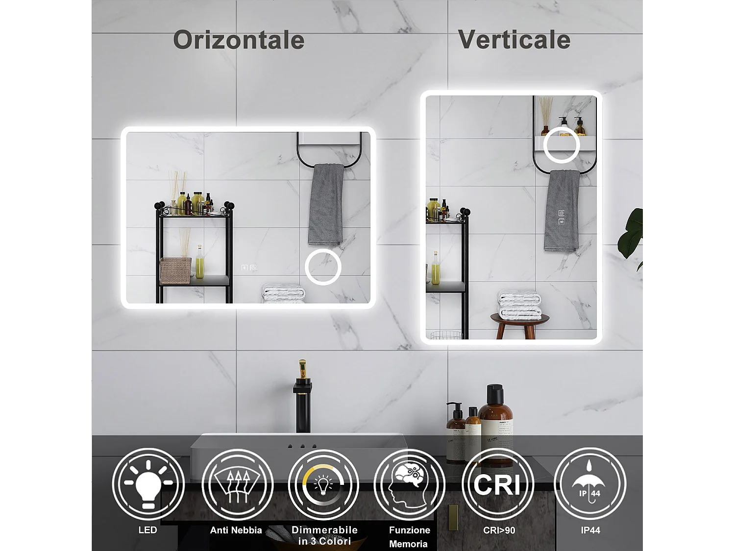 AICA Specchio da bagno  60 x 80 cm, dimmerabile, Blue tooth, Funzione Memoria, antiappannamento, 3 colori, Magnificatore