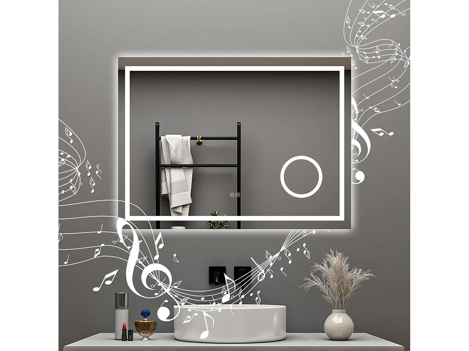 AICA Specchio da bagno  80 x 60 cm, dimmerabile, Blue tooth, Funzione Memoria, antiappannamento, 3 colori, Magnificatore