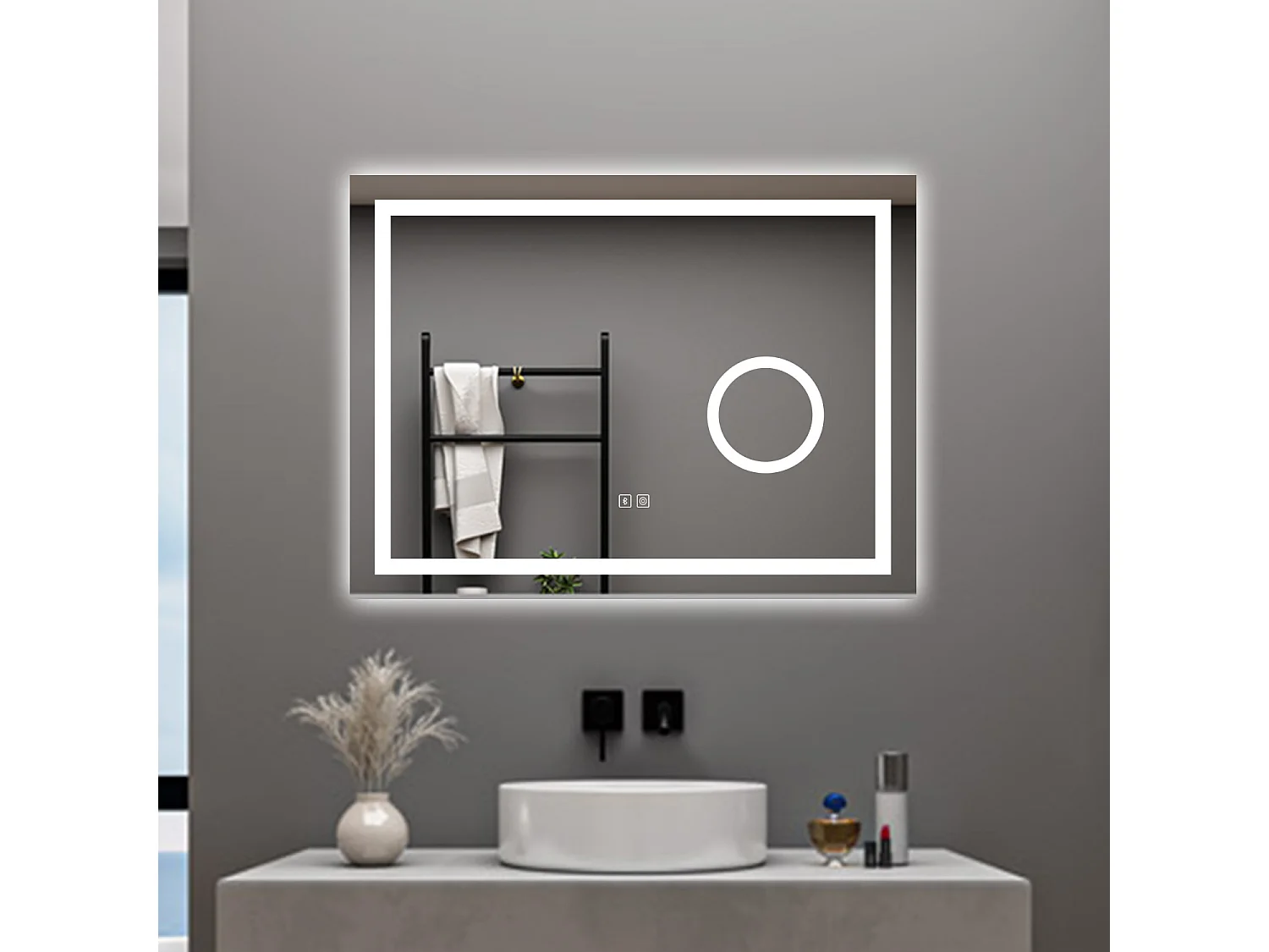 AICA Specchio da bagno  80 x 60 cm, dimmerabile, Blue tooth, Funzione Memoria, antiappannamento, 3 colori, Magnificatore