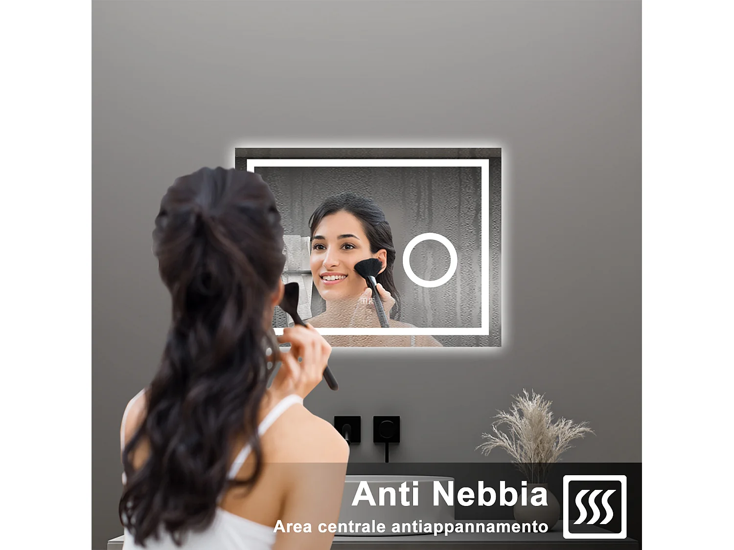 AICA Specchio da bagno  80 x 60 cm, dimmerabile, Blue tooth, Funzione Memoria, antiappannamento, 3 colori, Magnificatore