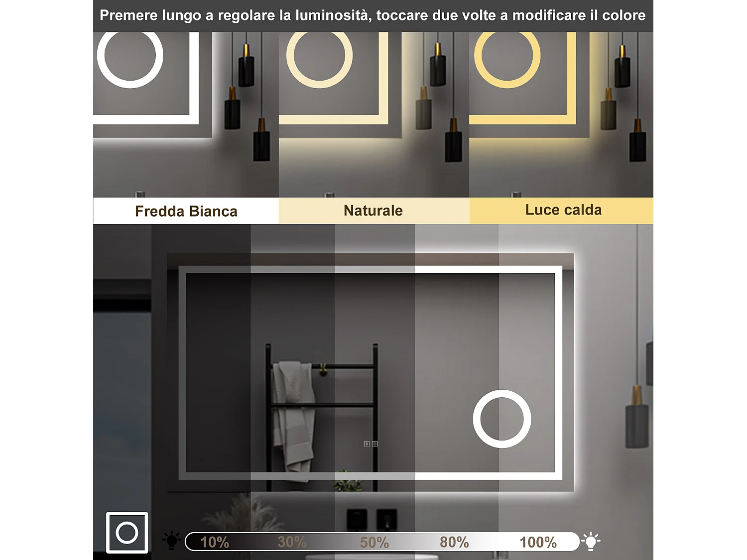 AICA Specchio da bagno  80 x 60 cm, dimmerabile, Blue tooth, Funzione Memoria, antiappannamento, 3 colori, Magnificatore
