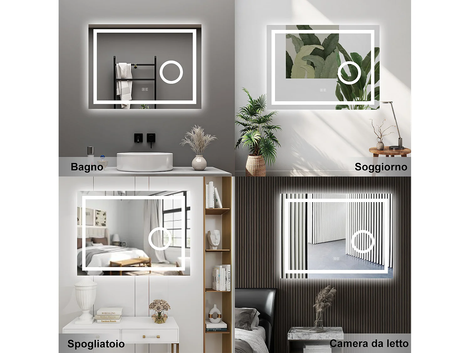 AICA Specchio da bagno  80 x 60 cm, dimmerabile, Blue tooth, Funzione Memoria, antiappannamento, 3 colori, Magnificatore