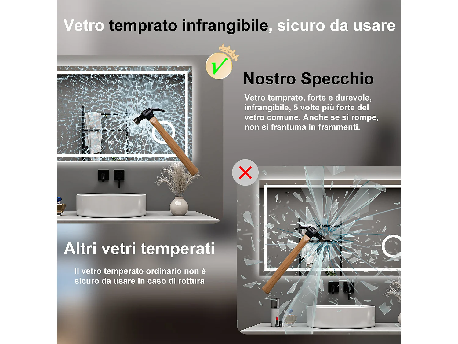 AICA Specchio da bagno  80 x 60 cm, dimmerabile, Blue tooth, Funzione Memoria, antiappannamento, 3 colori, Magnificatore