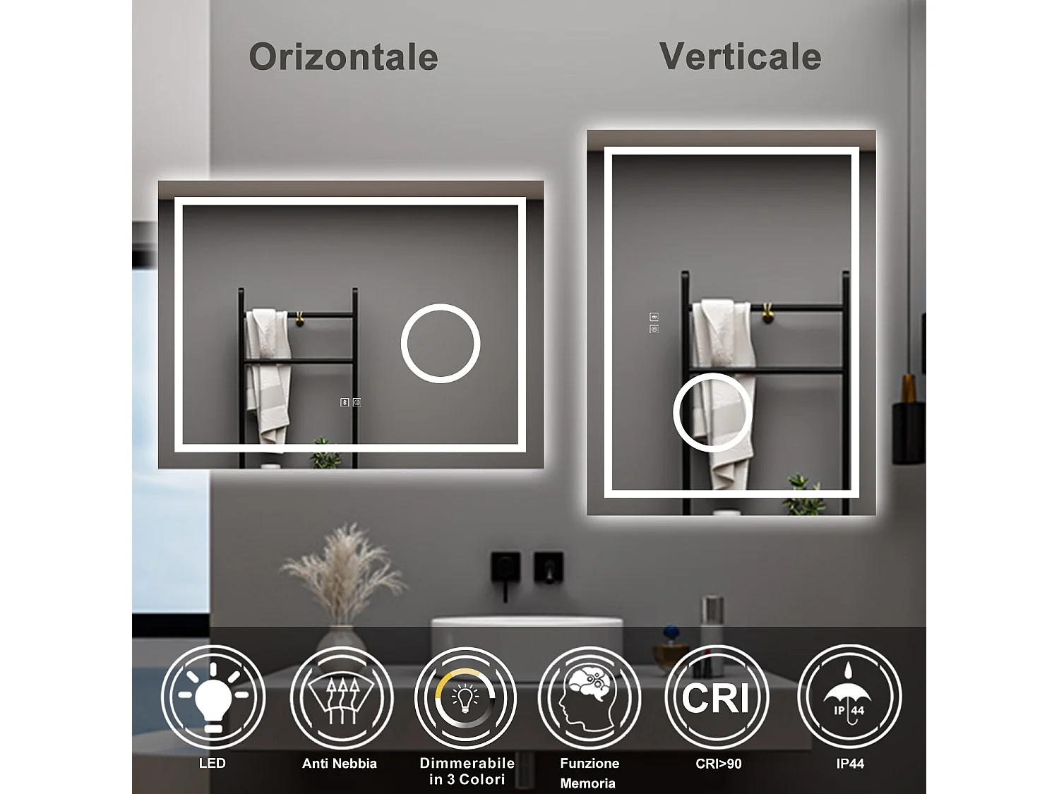 AICA Specchio da bagno  80 x 60 cm, dimmerabile, Blue tooth, Funzione Memoria, antiappannamento, 3 colori, Magnificatore