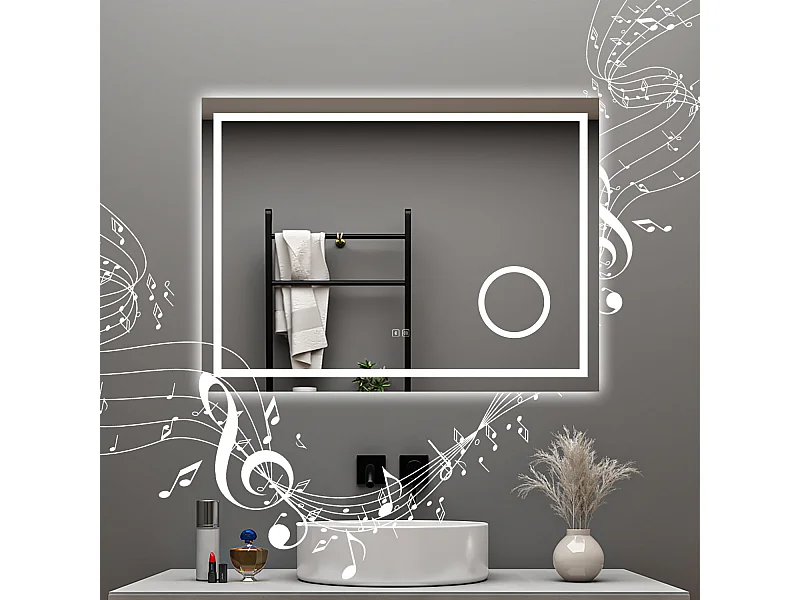 AICA Specchio da bagno  80 x 60 cm, dimmerabile, Blue tooth, Funzione Memoria, antiappannamento, 3 colori, Magnificatore