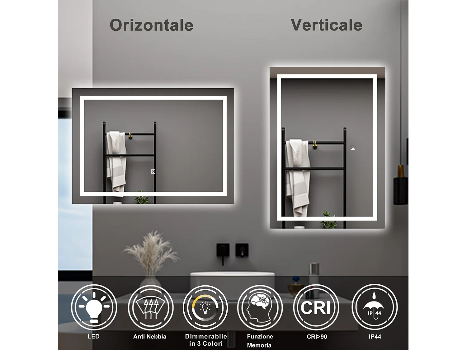 AICA Specchio da bagno  70 x 50 cm, dimmerabile, interruttore touch, Funzione Memoria, antiappannamento, 3 colori