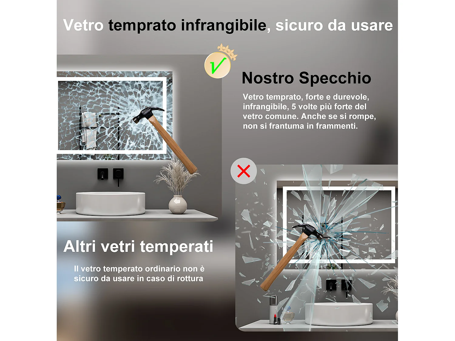 AICA Specchio da bagno  70 x 50 cm, dimmerabile, interruttore touch, Funzione Memoria, antiappannamento, 3 colori