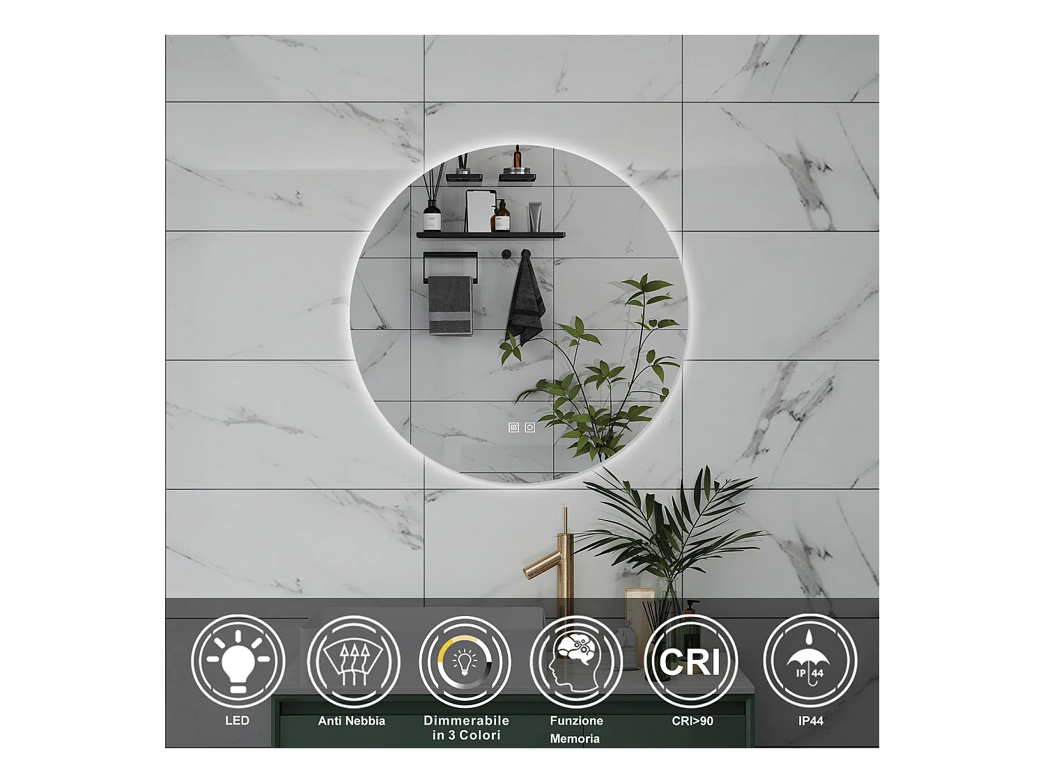 AICA Specchio da bagno 60 x 60 cm, 3 colori, antiappannamento, dimmerabile, interruttore touch, Funzione Memoria