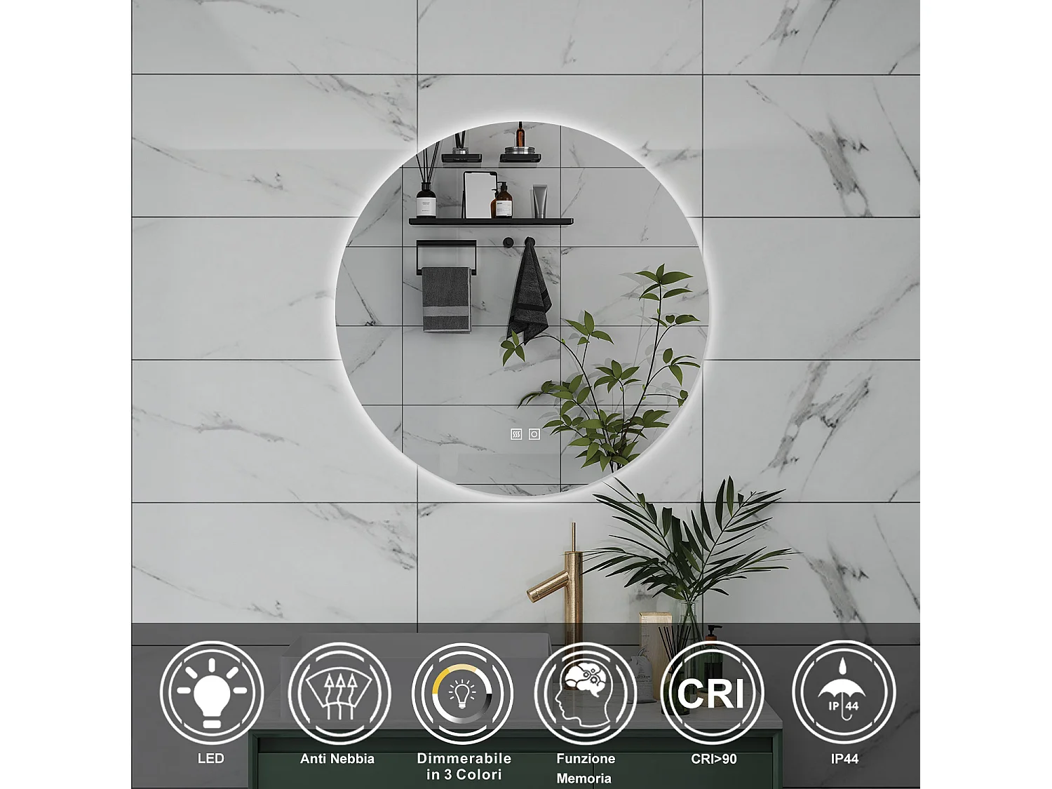 AICA Specchio da bagno 60 x 60 cm, 3 colori, antiappannamento, dimmerabile, interruttore touch, Funzione Memoria