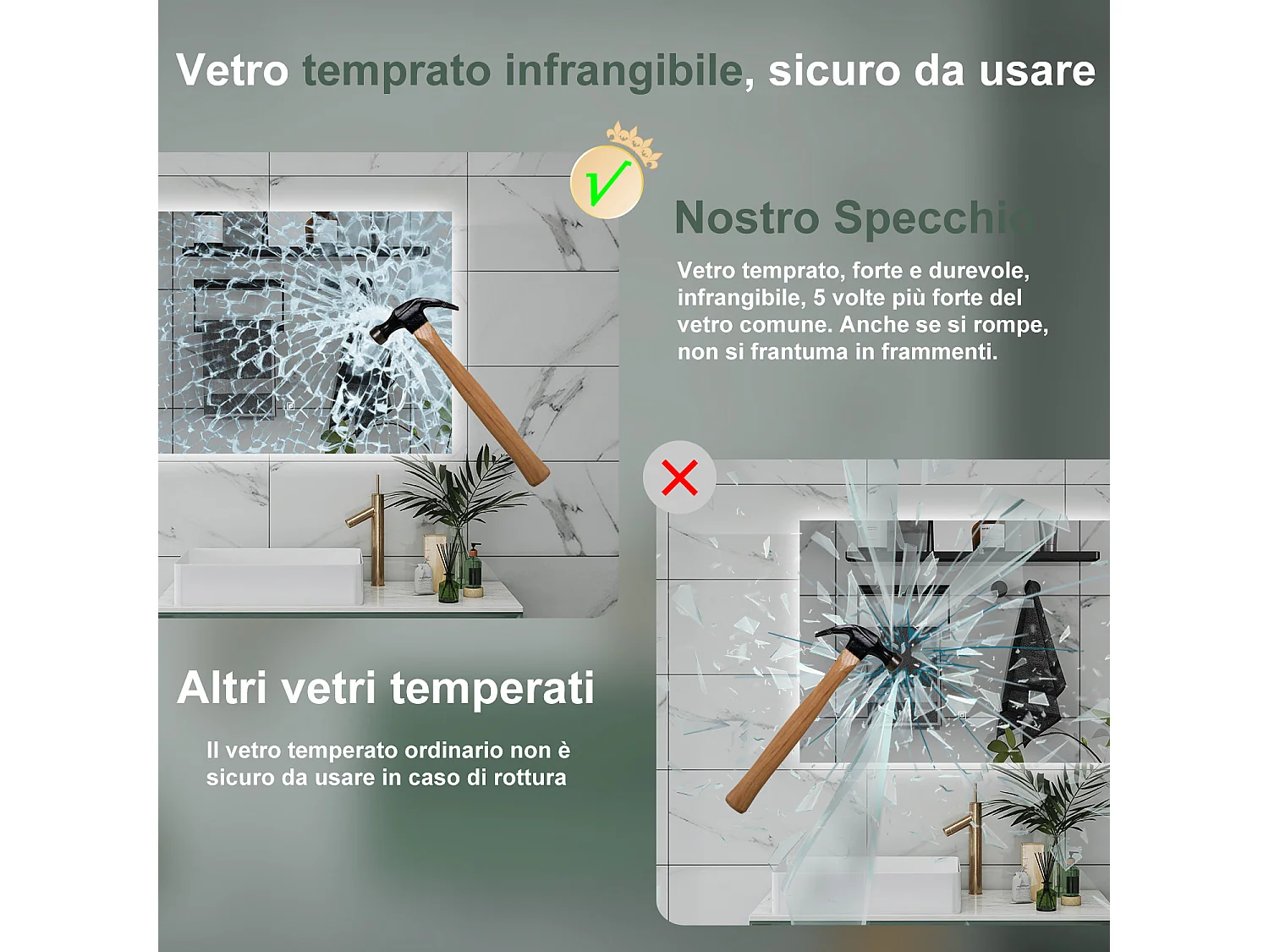 AICA Specchio da bagno 90 x 70 cm, antiappannamento, dimmerabile, interruttore touch, Funzione Memoria