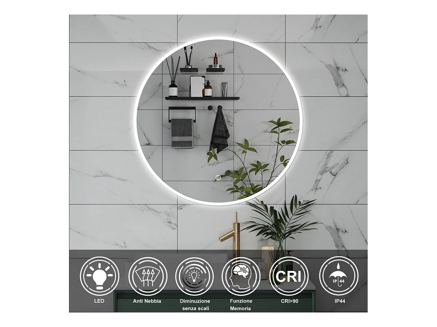 AICA Specchio da bagno 90 x 90 cm, antiappannamento, dimmerabile, interruttore touch, Funzione Memoria