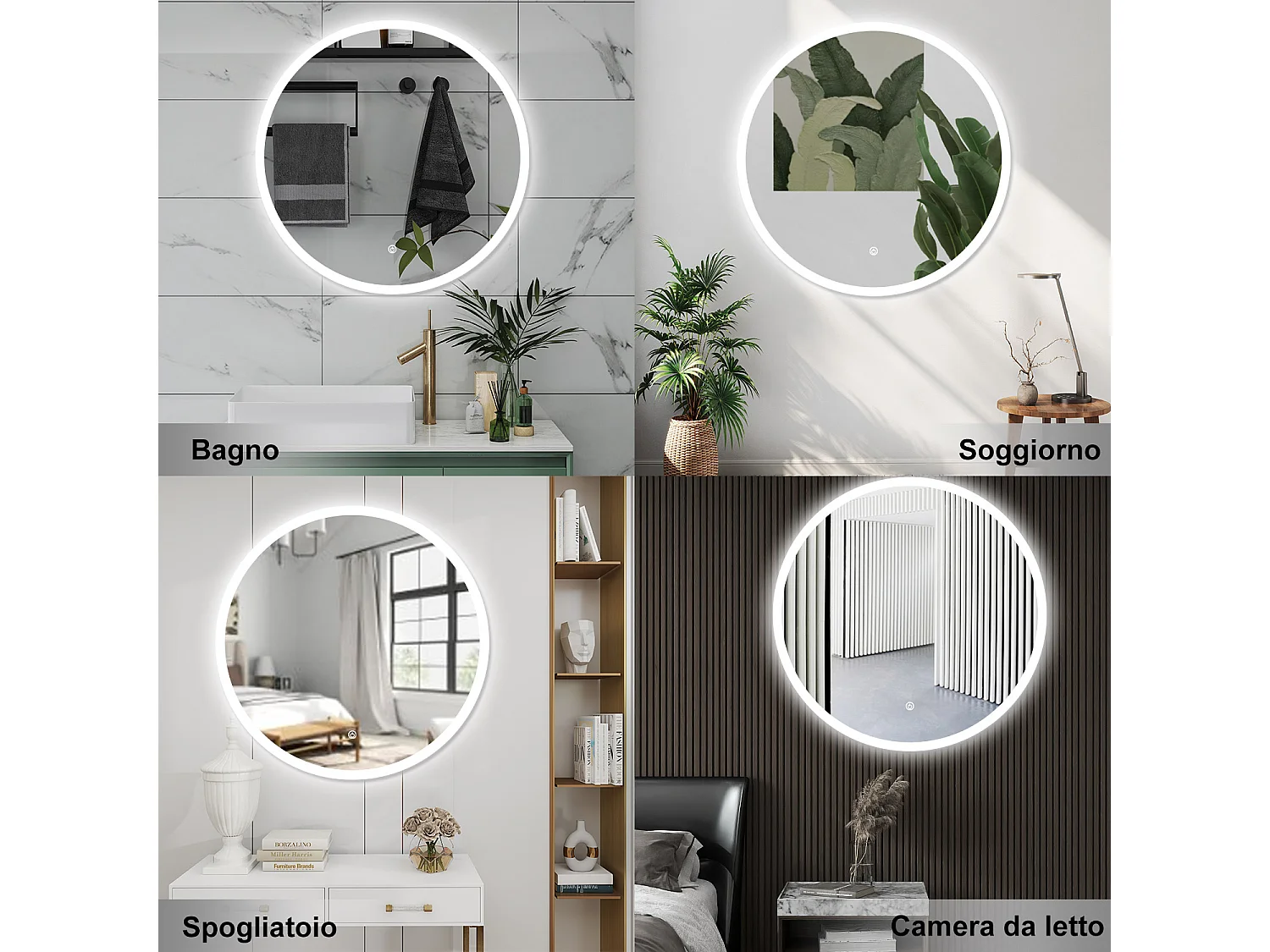 AICA Specchio da bagno 90 x 90 cm, antiappannamento, dimmerabile, interruttore touch, Funzione Memoria