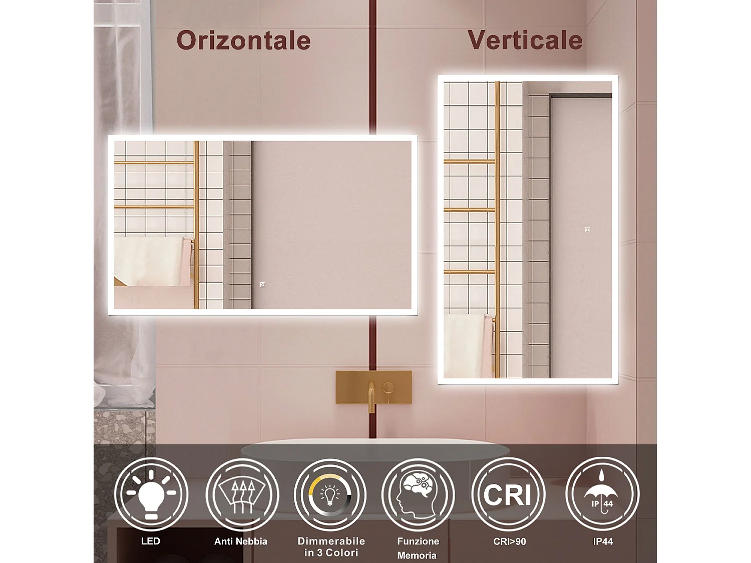 AICA Specchio da bagno  100 x 60 cm, dimmerabile, Funzione Memoria, antiappannamento, 3 colori