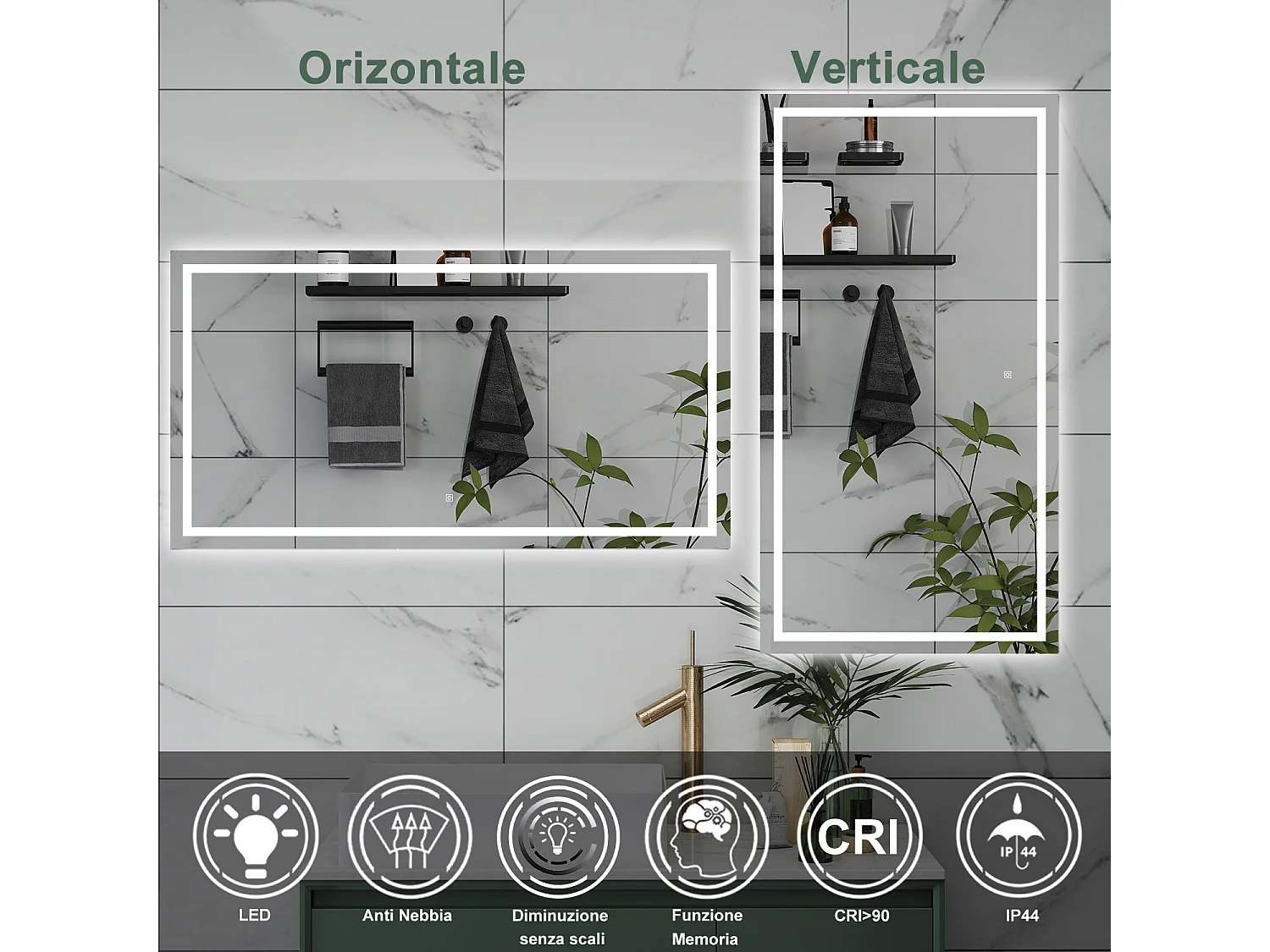 AICA Specchio da bagno  80 x 120 cm, dimmerabile, interruttore touch, Funzione Memoria, antiappannamento