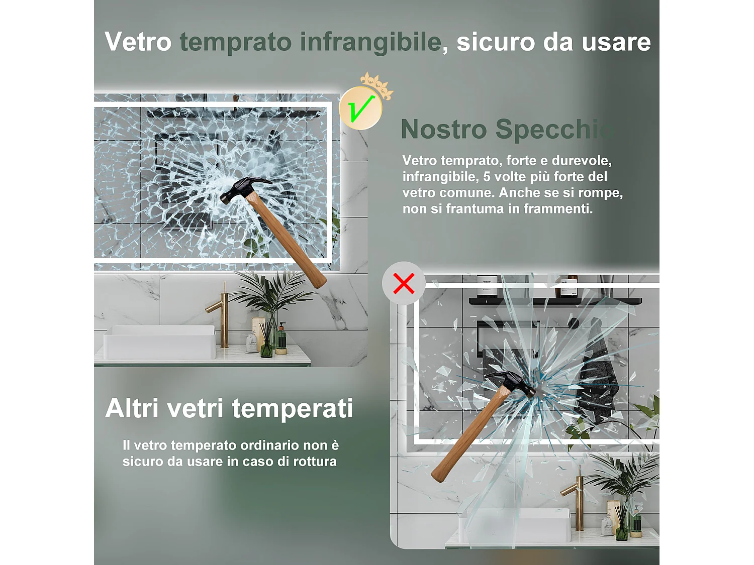 AICA Specchio da bagno  80 x 120 cm, dimmerabile, interruttore touch, Funzione Memoria, antiappannamento