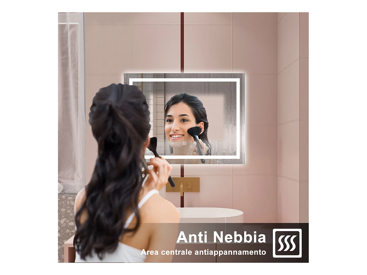 AICA Specchio da bagno  100 x 60 cm, dimmerabile, interruttore touch, Funzione Memoria, antiappannamento